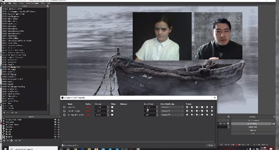 Two actors from Shanghai on computer screen with boat background