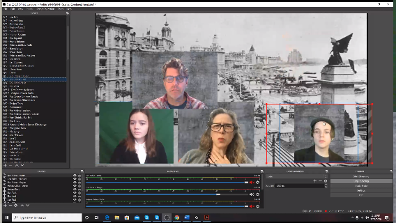 Four actors from Shanghai on computer screen with background photo