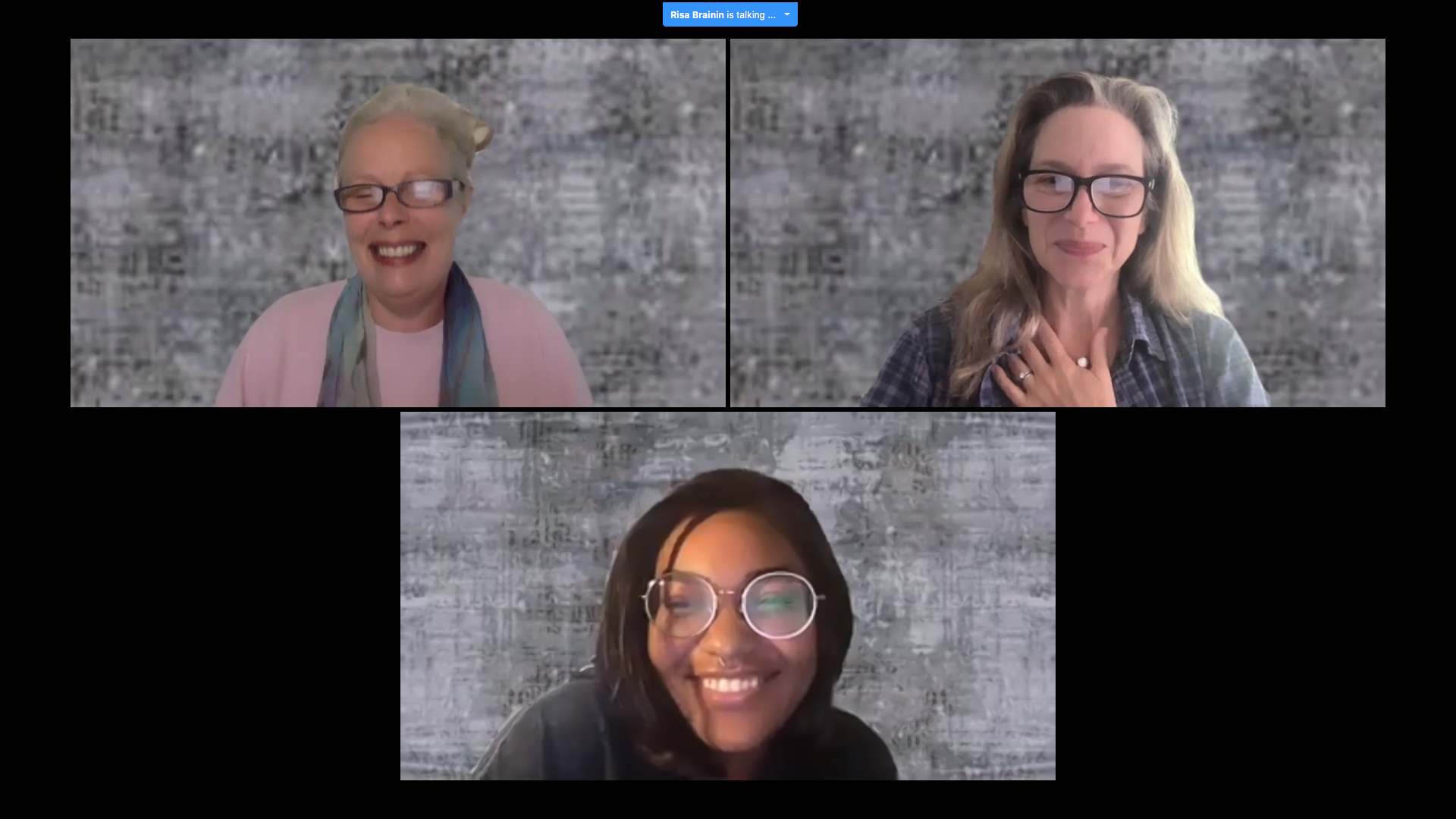 Three actors from Once Upon A Family - in a Zoom screen